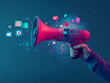 © Raquel - A hand holding a red megaphone emits colorful social media icons, representing communication, marketing, and digital engagement on a vibrant background.