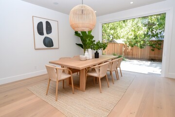 A Scandinavian-style dining room with light oak furniture, neutral-colored chairs, and greenery as decoration