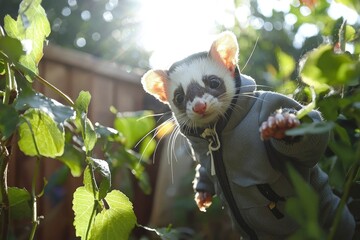 Adorable Ferret Wearing A Grey Hoodie Outdoors