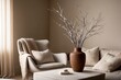 © Trascot - A serene and intimate professional photograph of a warm minimalist living room, where a plush, oatmeal-hued throw blanket drapes elegantly over the back of a sleek, low-profile armchair