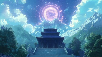 Poster - Serene temple, mountains, glowing celestial ring.