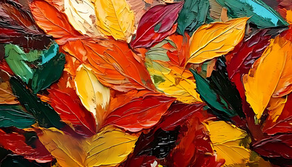 Closeup of abstract rough colorful multicolored organic autumnal fallen leaves art painting