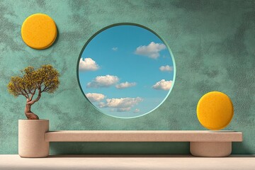 Poster - A conceptual design of a window frame, reduced to clean lines and blocks of light pastel colors, evoking modern architecture