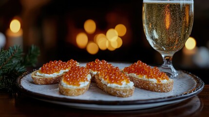 Festive appetizer of red caviar topped crostini with champagne in the background.