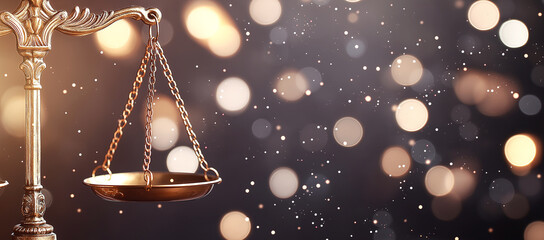 Wall Mural - Golden scales of justice on dark background with sparkling bokeh lights create striking visual. balance symbolizes fairness and equality, evoking sense of justice and integrity