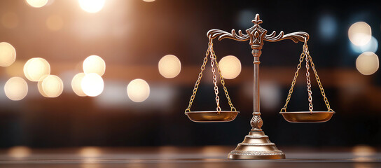 Wall Mural - golden scale of justice stands prominently against blurred background, symbolizing fairness and balance in legal matters. warm lighting enhances its elegance and significance