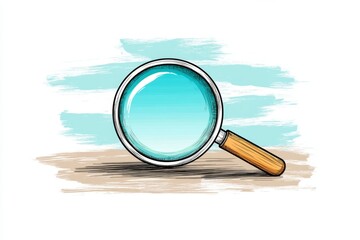 Poster - A minimalist illustration of a single magnifying glass focusing on a specific point, drawn in clean lines and soft monochromatic tones