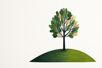 Poster - A minimalist illustration of a single tree silhouette surrounded by clean geometric lines representing a forest canopy, drawn in soft green and beige tones