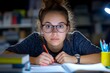 © Thanyarat - A student studying late at night, surrounded by books and notes, with a determined expression and a focused desk lamp lighting the scene