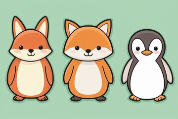 Naklejka na meble Cute animated animals foxes and penguin digital illustration fun