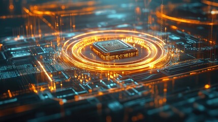 A futuristic glowing microchip surrounded by holographic light rings, with radiant connections extending in all directions