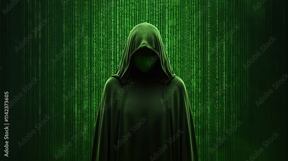 Mysterious figure shrouded in a dark green cloak stands before a ...