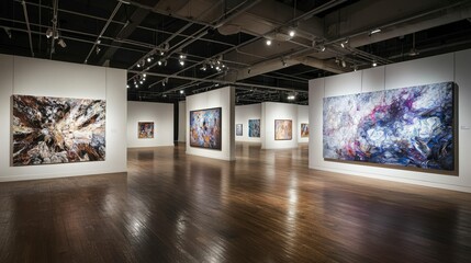 Poster - Experience immersive city art exploring a spacious gallery with massive abstract paintings in a contemporary exhibition