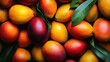 © Bartek - Vibrant Mangoes with Green Leaves Fruit Background for Tropical Food Themes