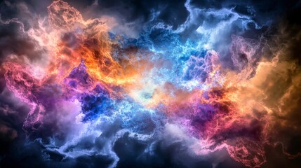 Poster - Abstract energy-infused clouds emitting soft multicolor light digital art cosmic environment vibrant viewpoint