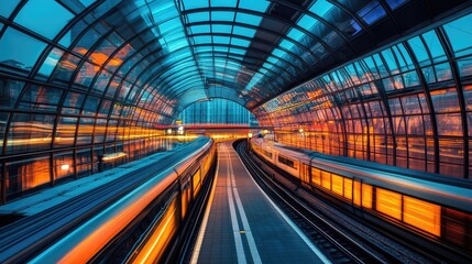 Wall Mural - A futuristic high-speed train station with glass walls, curved architecture, and a train ready for departure under vibrant lighting