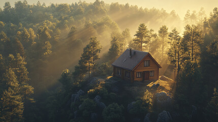 Sticker - small cottage surrounded by trees on hilltop, bathed in sunlight