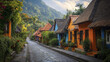 © THUA - Cozy village houses with thatched roofs line scenic street, surrounded by greenery