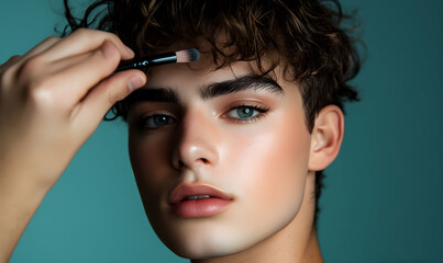 closeup of a casual young man with dramatic makeup fixing his hair while looking at the camera