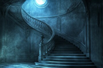 Poster - Grand, curving staircase; ornate, dimly lit, stone.