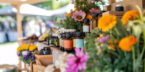 A vibrant farmers market stall showcases spring wellness products and fresh flowers inviting visitors to enjoy a healthy lifestyle