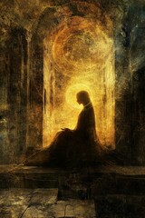 Poster - Golden-hued figure meditates in ancient stone alcove.