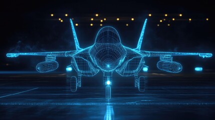Poster - A digital wireframe hologram of a fighter jet on a dark tarmac, glowing blue with detailed lines, showcasing modern aerospace design, with space for copy