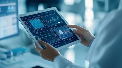 A professional healthcare worker analyzing patient data on a tablet in a modern medical office, with health information displayed on the screen and a clear view of charts and graphs. 