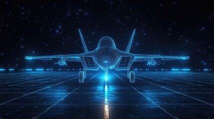Poster - A futuristic wireframe hologram of a fighter jet glowing in blue on a nighttime tarmac, perfect for tech or aviation-themed text space