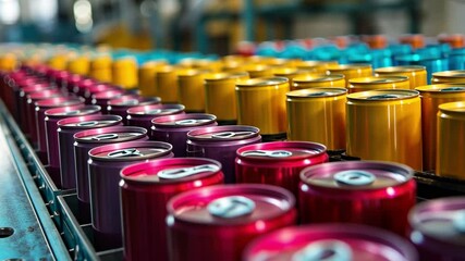 Aufkleber - This Brightly colored soda cans are moving along a conveyor in a busy beverage production facility.