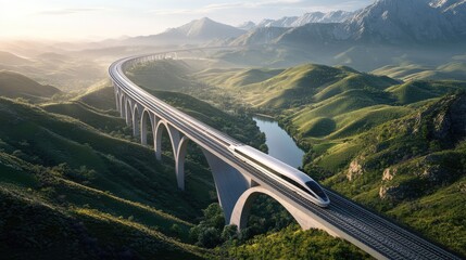 Wall Mural - A high-speed rail line spanning multiple regions, crossing bridges, tunnels, and valleys with diverse topography