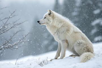 Wall Mural - A majestic white wolf sits gracefully in a snowy landscape, surrounded by falling snowflakes and a serene, wintry backdrop.