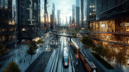 Wall Mural - A high-speed rail track weaving through an urban jungle, surrounded by modern skyscrapers and bustling streets