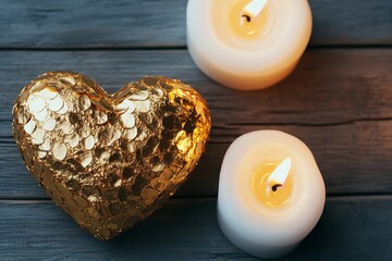 Wall Mural - Valentine golden moment. Golden heart ornament beside lit candles on wooden surface