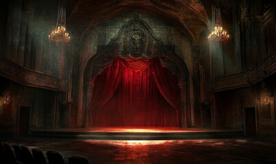 Poster - Dark, ornate theater; red curtain, empty stage.