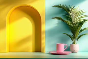 Poster - A conceptual design of a window frame, reduced to clean lines and blocks of light pastel colors, evoking modern architecture