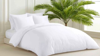 Wall Mural - Serene and Cozy Tropical Bedroom with Palm Plant Decor and Luxurious White Bedding