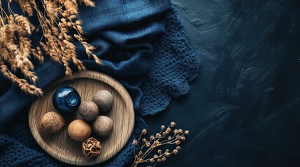 Wall Mural - Autumnal still life with wooden eggs, dried flowers, and blue fabric on dark background.