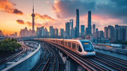 Wall Mural - A high-speed train gliding along elevated tracks, with a futuristic city skyline in the background at dusk