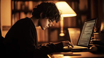 Young man working on his laptop at night