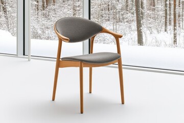 Poster - A minimalist armchair with a curved wooden frame and gray upholstery, set in a simple room with soft natural light