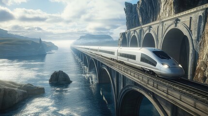 Wall Mural - A high-speed train in motion on a steel bridge, with shimmering water below and dramatic cliffs in the distance