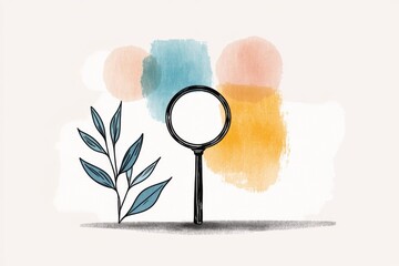 Poster - A minimalist illustration of a single magnifying glass focusing on a specific point, drawn in clean lines and soft monochromatic tones
