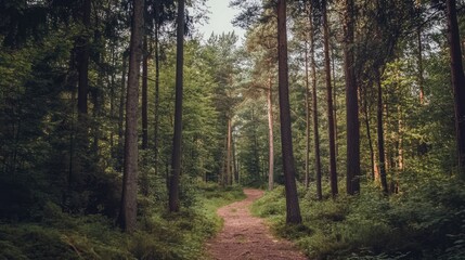 Wall Mural - serene forest pathway in a lush green landscape showcasing tall trees and vibrant foliage under soft