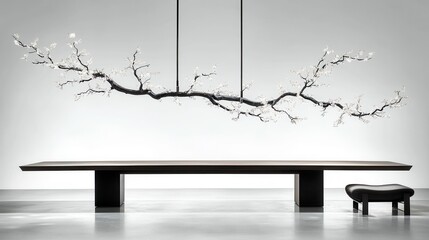 Poster - Elegant Minimalist Wooden Table Arrangement with Branching Pendant Lighting in Serene Studio Setting