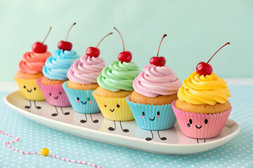 Wall Mural - A colorful display of cheerful cupcakes with playful faces, topped with frosting and cherries, served on a decorative plate.