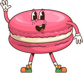 Aufkleber - Retro groovy macaroon character. Cartoon vector pink sweet macaron dessert personage waving hand. Isolated vector cheerful confectionery for kids cafe menu. Cute french pastry bakery or patisserie
