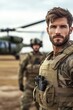© LifeMedia - Military personnel in desert surroundings pose with a helicopter, wearing uniform and gear, embodying readiness, strength, teamwork, and national pride and duty.