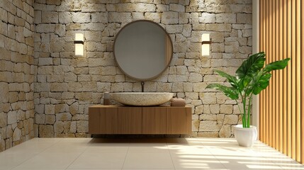 Canvas Print - Luxurious Minimalist Bathroom with Natural Stone Walls and Wooden Vanity Accents