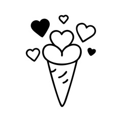 Wall Mural - Ice cream cone icon topped with hearts, symbolizing sweetness and love